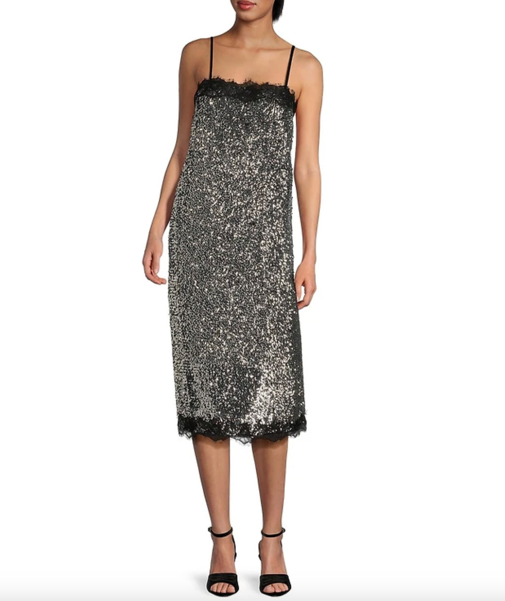 Gianni Bini Lilly Sisto Allegra Sequin Slip Midi Dress Silver Lace US 10 NWT